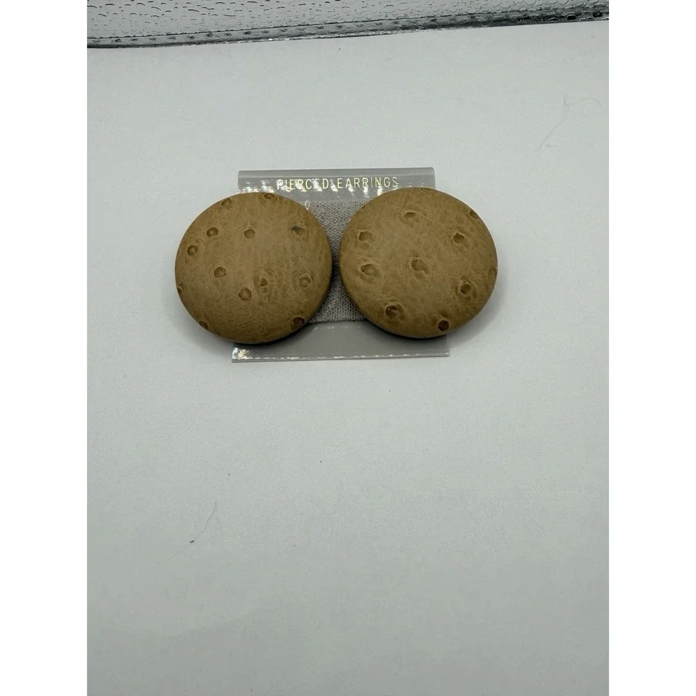 NOS Vintage Faux Ostrich Stud Earrings Brown Tan Textured Button